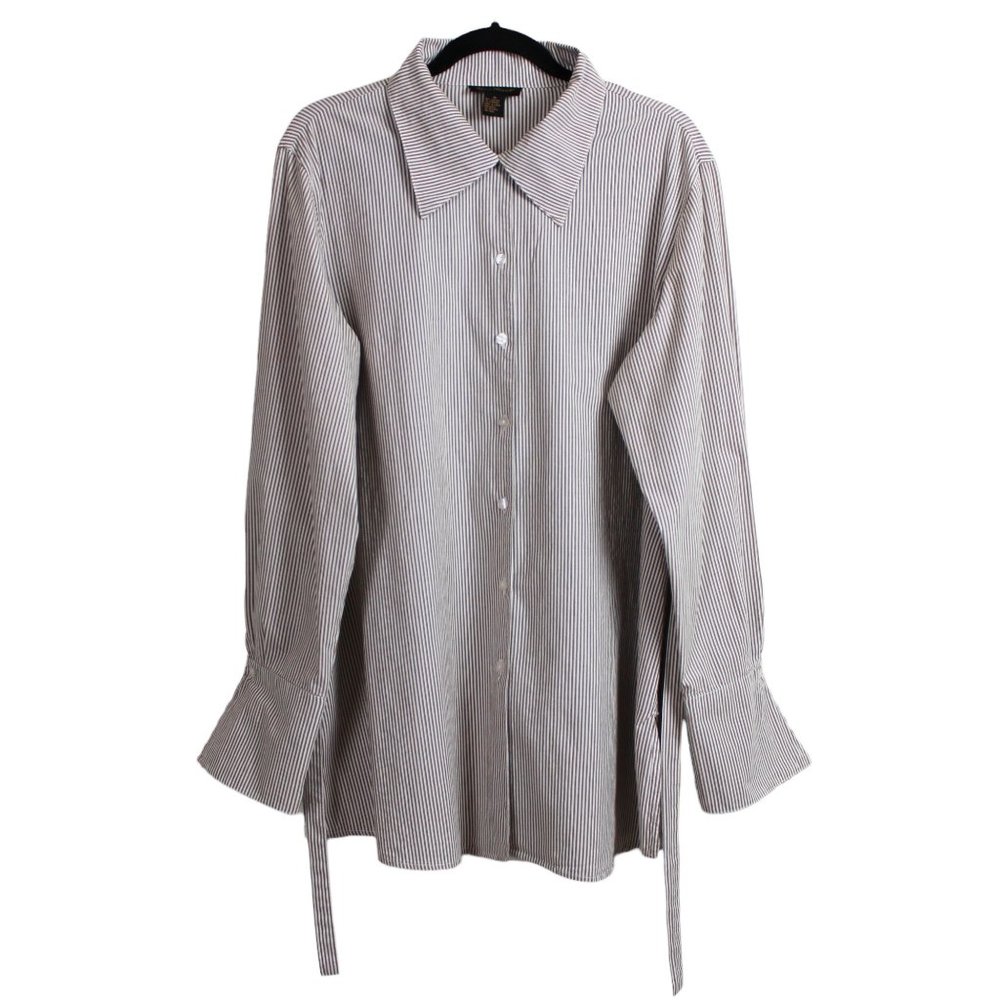 Ashley Stewart Tan Vertical Stripe Sash Tie Button-down Shirt